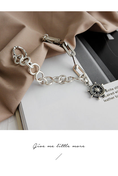 YH010韩版个性银链饰INS冷淡风复古做旧船舵链条S925纯银手链女