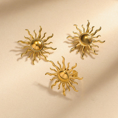 麦芽欧美跨境不锈钢钛钢太阳耳钉耳环开口戒指指环小众设计感饰品