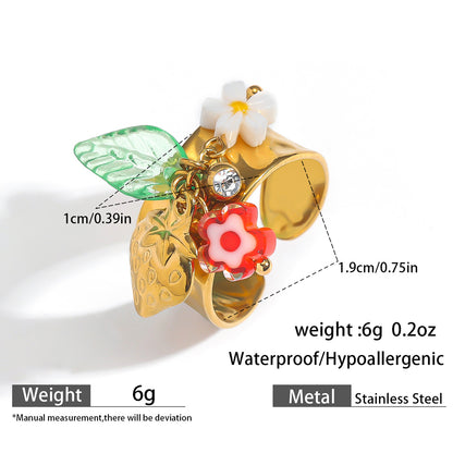 麦芽欧美不锈钢度假风开口戒指海螺海星贝壳珍珠花樱桃指环手饰品