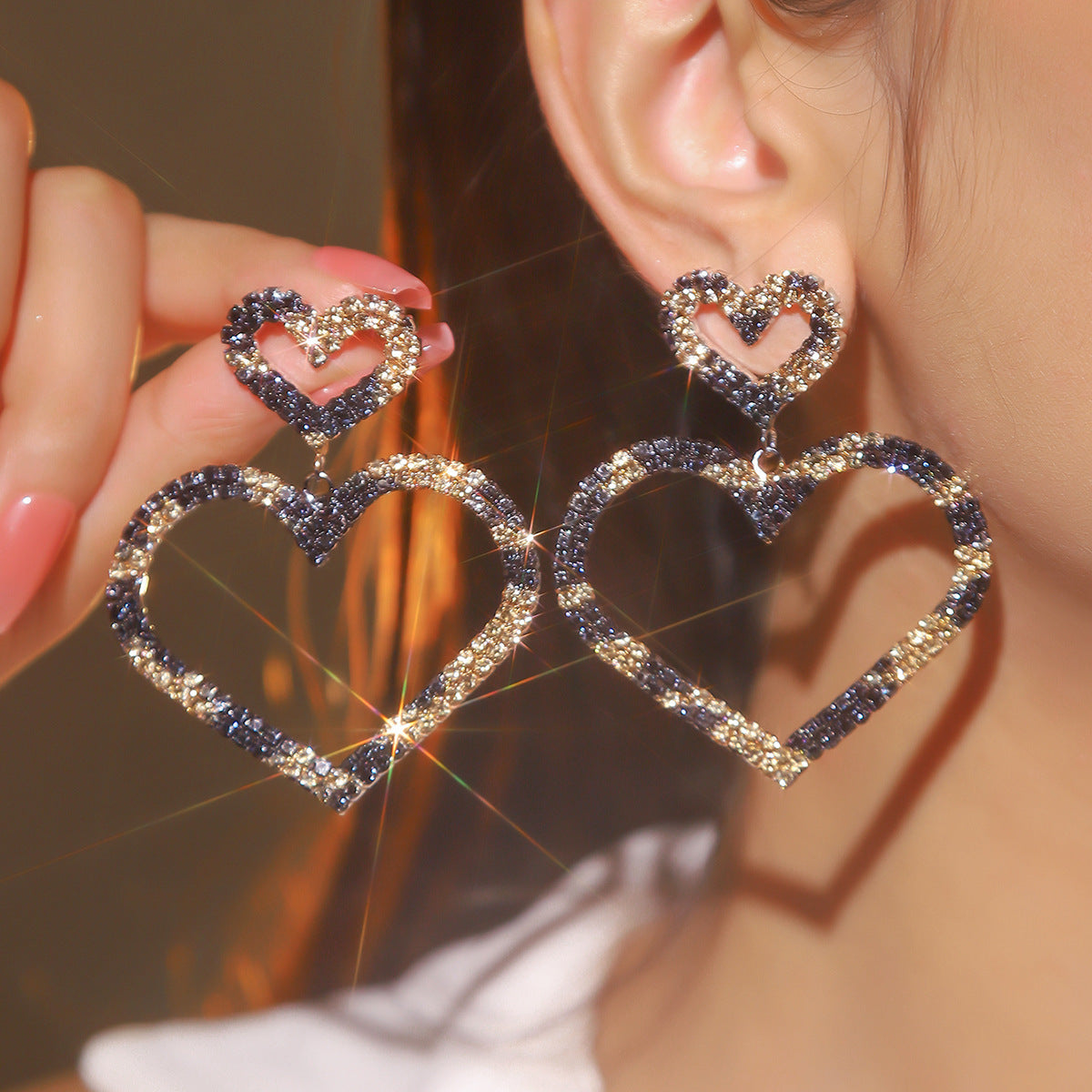 跨境情人节大爆款 奢华闪亮满钻爱心耳环女 时尚双桃心耳钉耳饰品