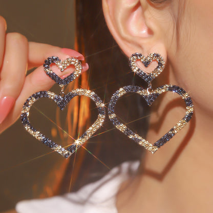 跨境情人节大爆款 奢华闪亮满钻爱心耳环女 时尚双桃心耳钉耳饰品