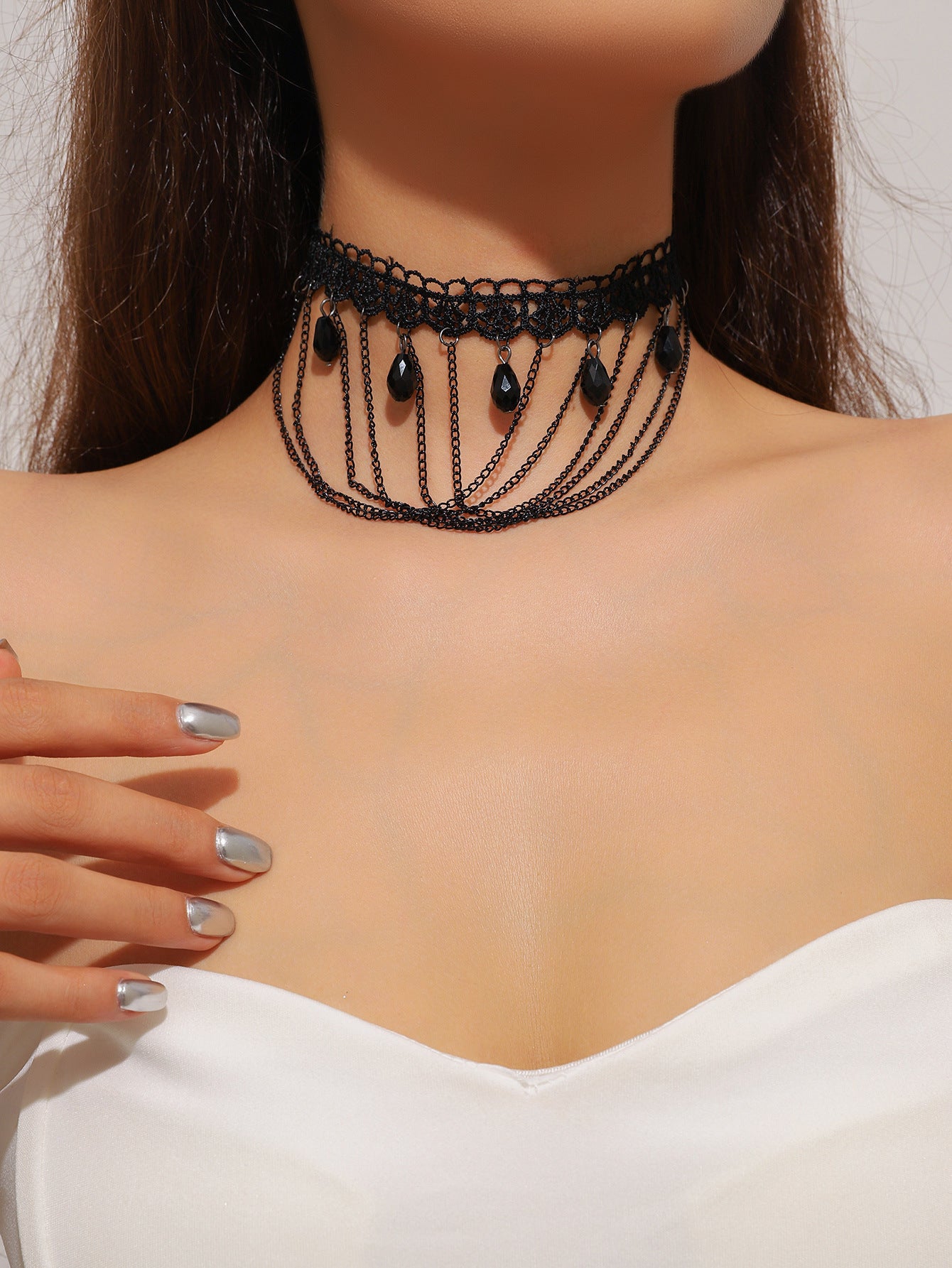 欧美跨境 复古黑色蕾丝玫瑰花项链手链戒指套装女 暗黑风颈链手饰