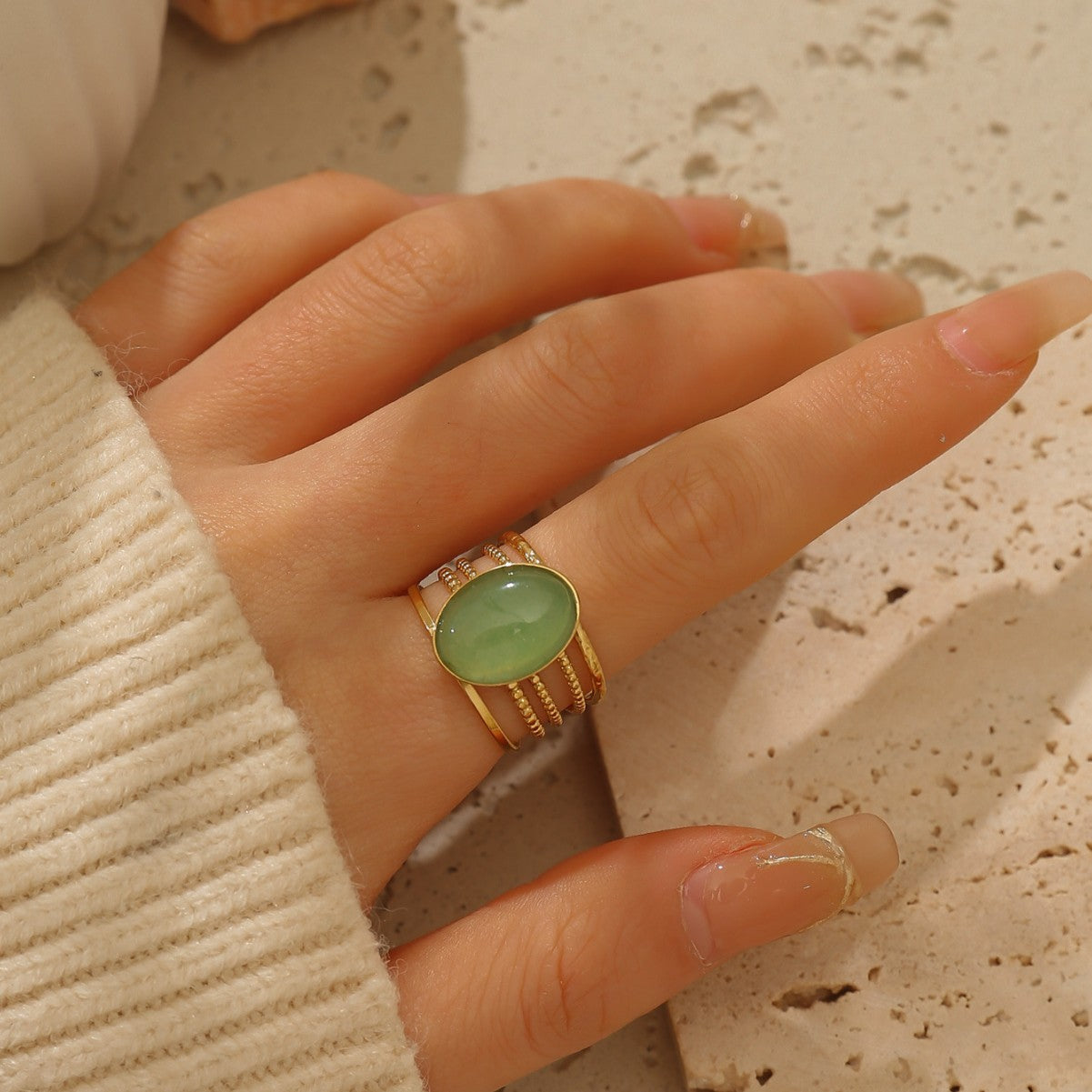 麦芽不锈钢18k金不掉色戒指绿松石开口食指戒指环 小众高级感手饰