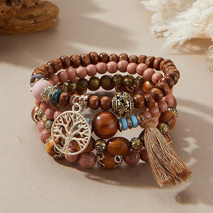 Bohemian Style Beaded Bracelet, Tassel Tree of Life Fashion Pendant, Wooden Bead Elastic Multilayer Bracelet
