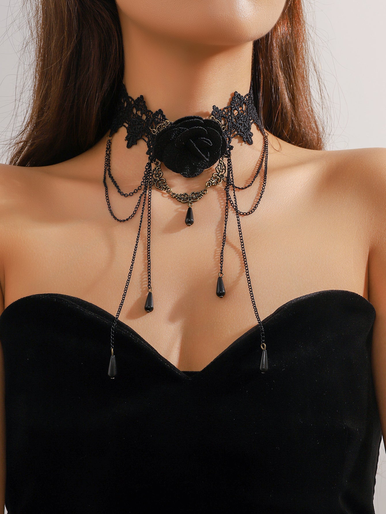 欧美跨境 复古黑色蕾丝玫瑰花项链手链戒指套装女 暗黑风颈链手饰