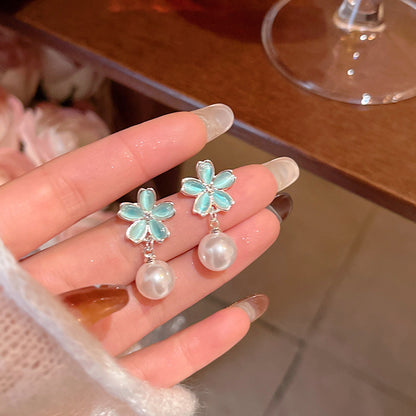 Sterling Silver S925 Needle Fresh Forest Style Flower Stud Earrings for Women, Vacation Style Light Luxury Minority Advanced Pearl Earrings
