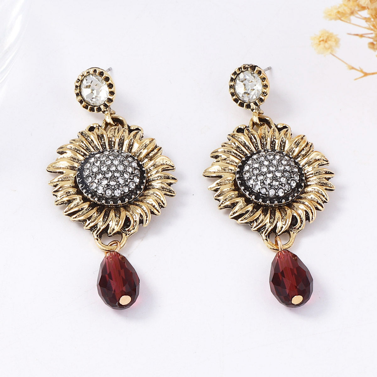 CZ Sunflower Drop Earrings