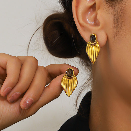 麦芽不锈钢钛钢翅膀天然石耳钉耳环高级感轻奢小众耳饰品欧美跨境