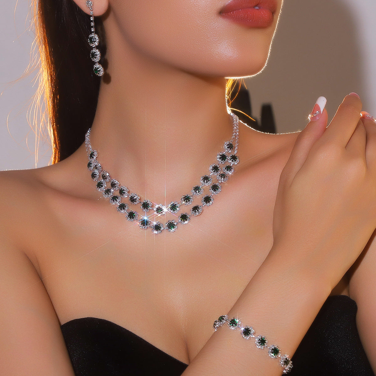 亚马逊爆款时尚闪亮水钻项链耳环手链套装 奢华气质项饰耳饰3件套