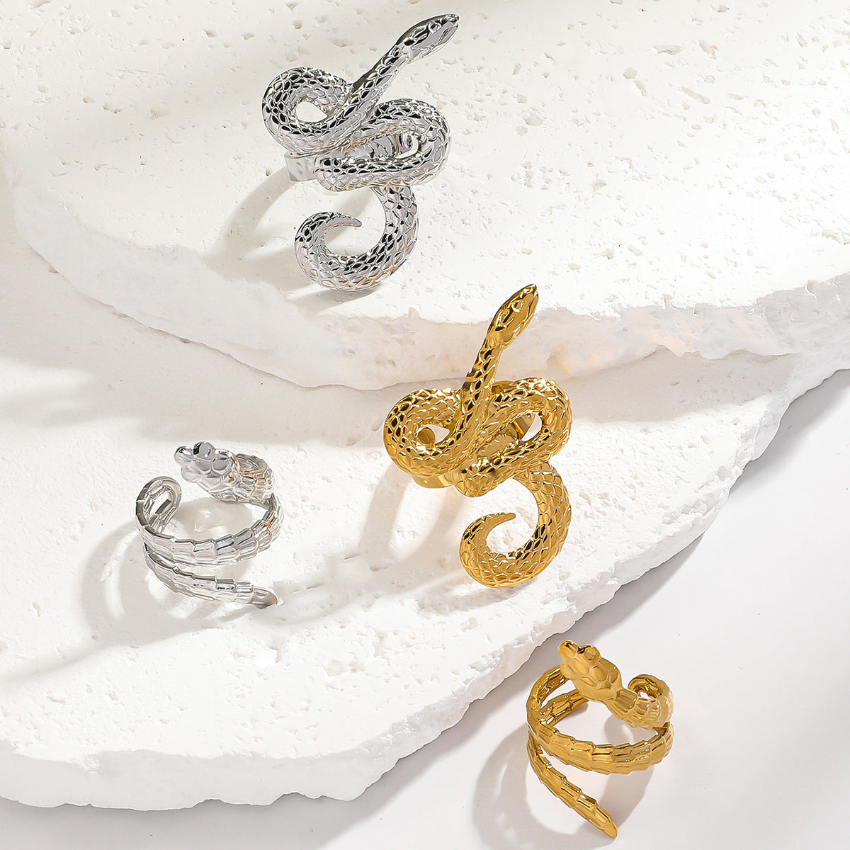 麦芽欧美跨境灵蛇蛇形钛钢不锈钢戒指开口设计指环女个性轻奢手饰