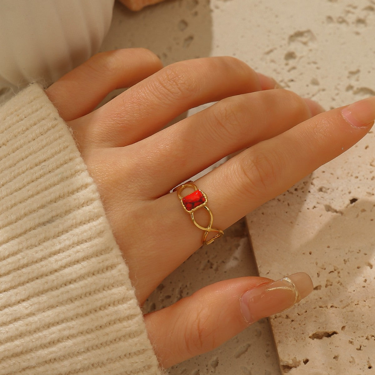 麦芽不锈钢18k金不掉色戒指绿松石开口食指戒指环 小众高级感手饰