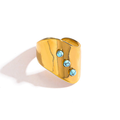 麦芽欧美ins风指环不锈钢18K金镶彩色天然石戒指女轻奢高级感手饰