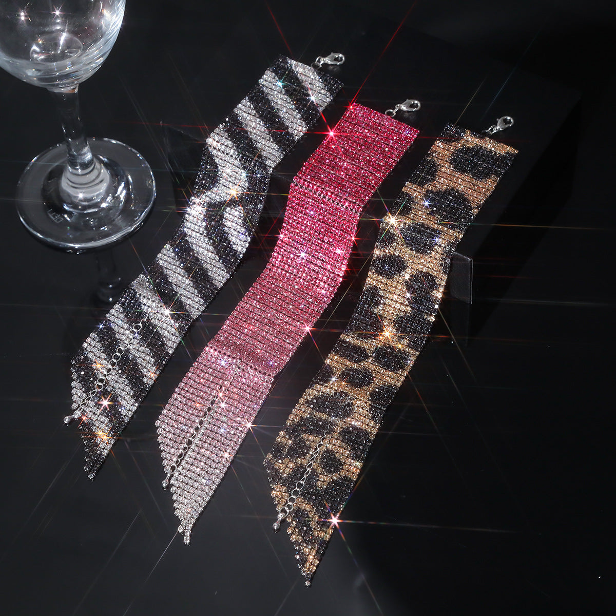 DINGKA 夸张超闪宽边水钻流苏手链女 时尚百搭满钻手镯网红手饰