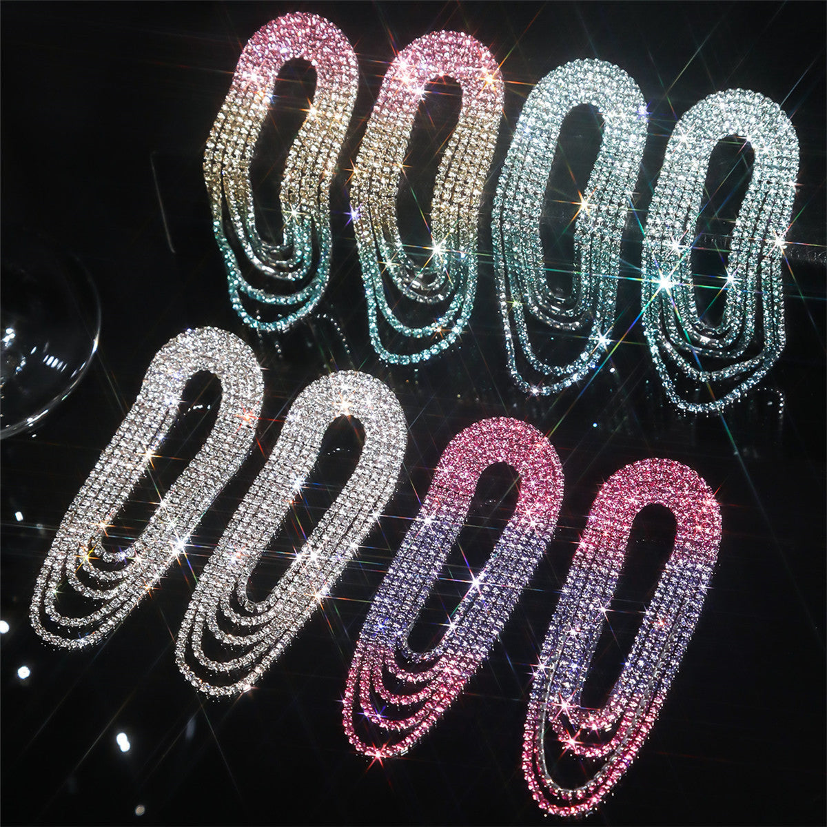 町卡饰品气质奢华闪亮水钻长款耳环女时尚渐变彩色流苏大耳环耳饰