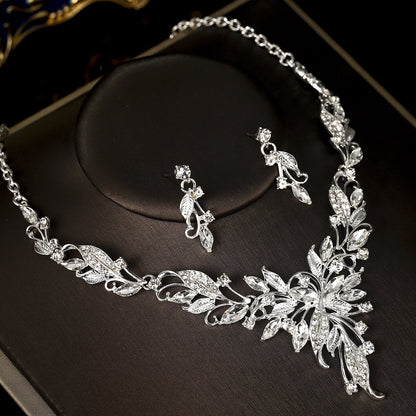 欧美新娘项链耳环套装复古水晶合金首饰搭配花朵水滴满钻礼服配饰