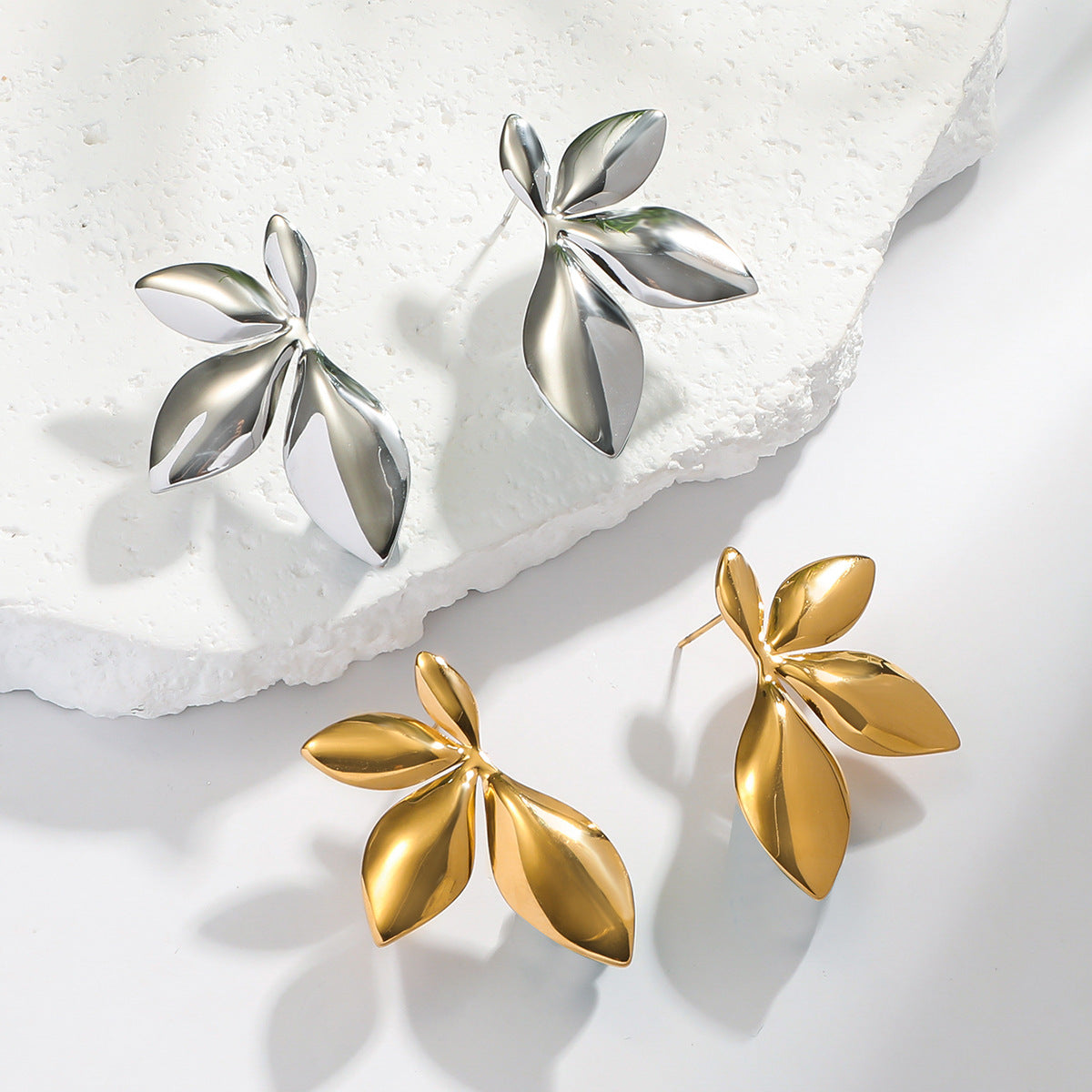麦芽不锈钢钛钢树叶子花瓣花朵耳环耳钉女欧美跨境轻奢小众耳饰品