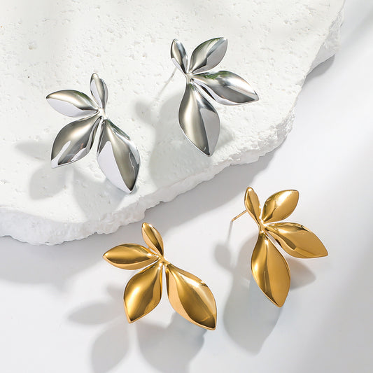 麦芽不锈钢钛钢树叶子花瓣花朵耳环耳钉女欧美跨境轻奢小众耳饰品