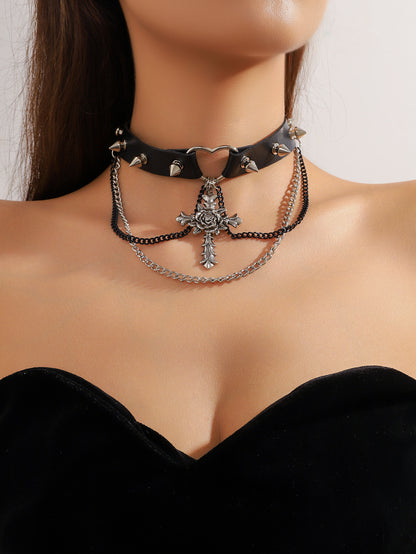 欧美跨境 复古黑色蕾丝玫瑰花项链手链戒指套装女 暗黑风颈链手饰