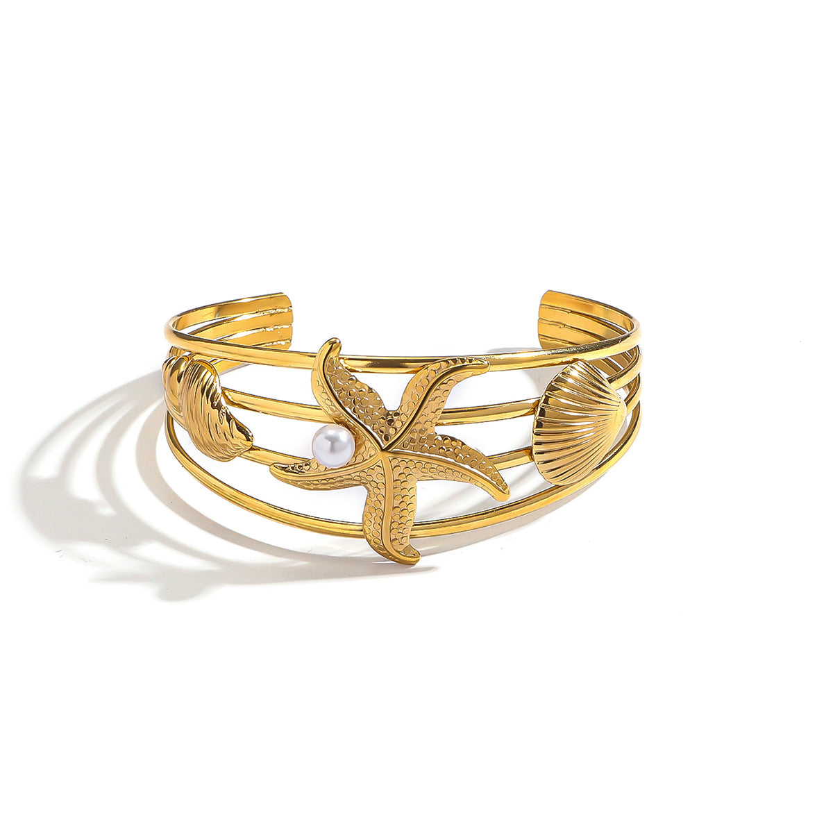 麦芽欧美跨境不锈钢开口海星海螺贝壳珍珠多层手镯钛钢海洋风手环