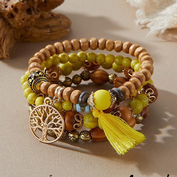 Bohemian Style Beaded Bracelet, Tassel Tree of Life Fashion Pendant, Wooden Bead Elastic Multilayer Bracelet