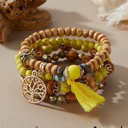 Bohemian Style Beaded Bracelet, Tassel Tree of Life Fashion Pendant, Wooden Bead Elastic Multilayer Bracelet