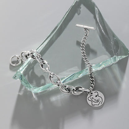 SLB0013韩版ins小众设计复古做旧质感头像圆牌OT扣S925纯银手链女