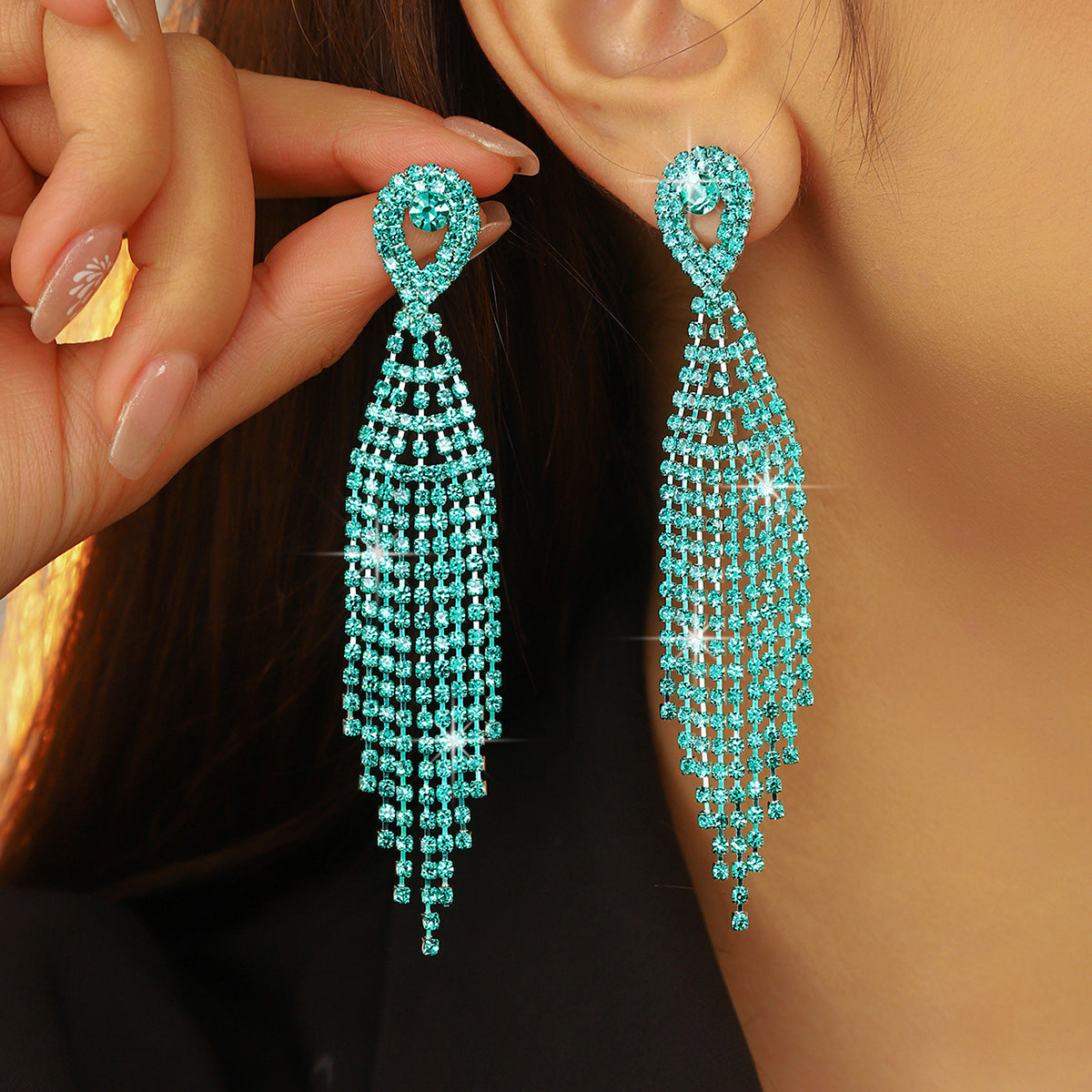 亚马逊爆款  时尚长款流苏耳环女 水钻耳环镶钻耳钉耳饰 全铜材质