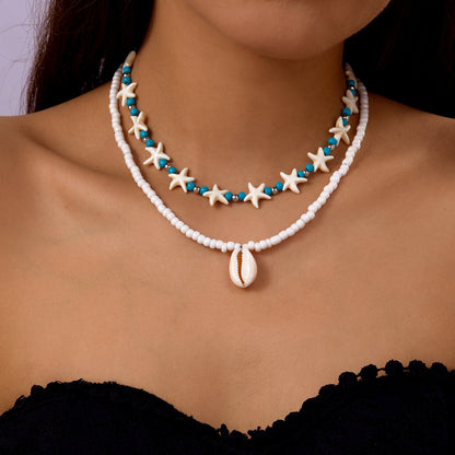欧美夏季海洋度假海星贝壳海螺珍珠多层项链时尚夸张多层叠戴项链