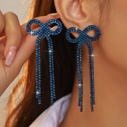 全铜 百搭蝴蝶结长款流苏耳环 时尚闪亮水钻耳钉无耳洞耳夹款