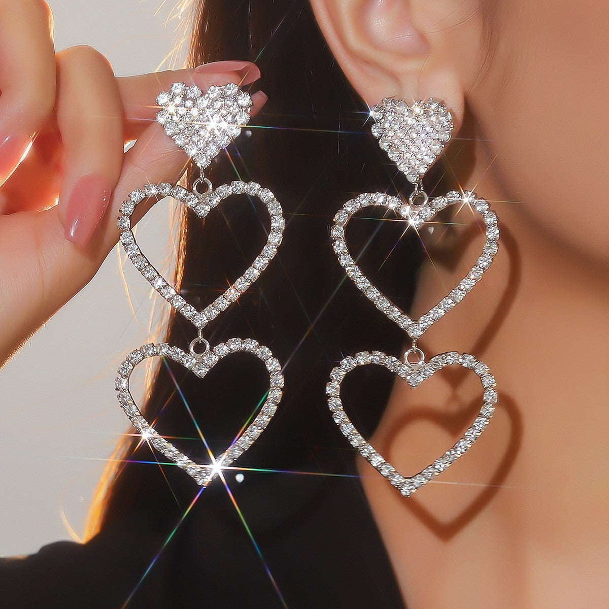 亚马逊美国独立日个性夸张长款流苏爱心耳环女水钻超闪耳钉耳饰品