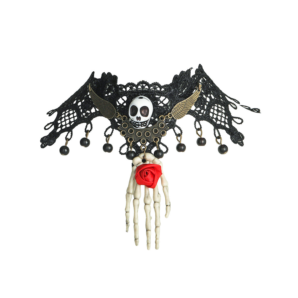 欧美跨境万圣节骷髅玫瑰手掌蕾丝项链女复古个性项圈暗黑风锁骨链
