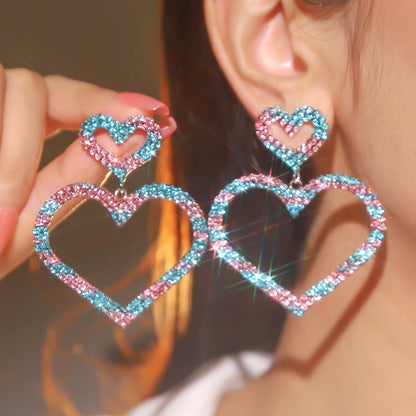 跨境情人节大爆款 奢华闪亮满钻爱心耳环女 时尚双桃心耳钉耳饰品