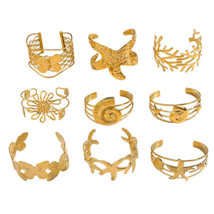 麦芽欧美不锈钢海洋风手镯海星海螺珊瑚花朵手环天然石镯子手饰品