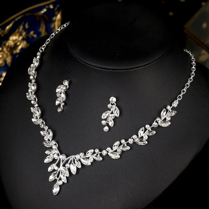 欧美新娘项链耳环套装复古水晶合金首饰搭配花朵水滴满钻礼服配饰