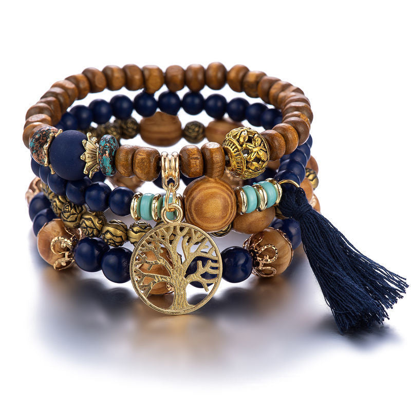 Boho Multi-Layer Stackable Beaded Stretch Bracelet, Bohemian Wrap Bracelet with Tassel & "I Love You" Charm