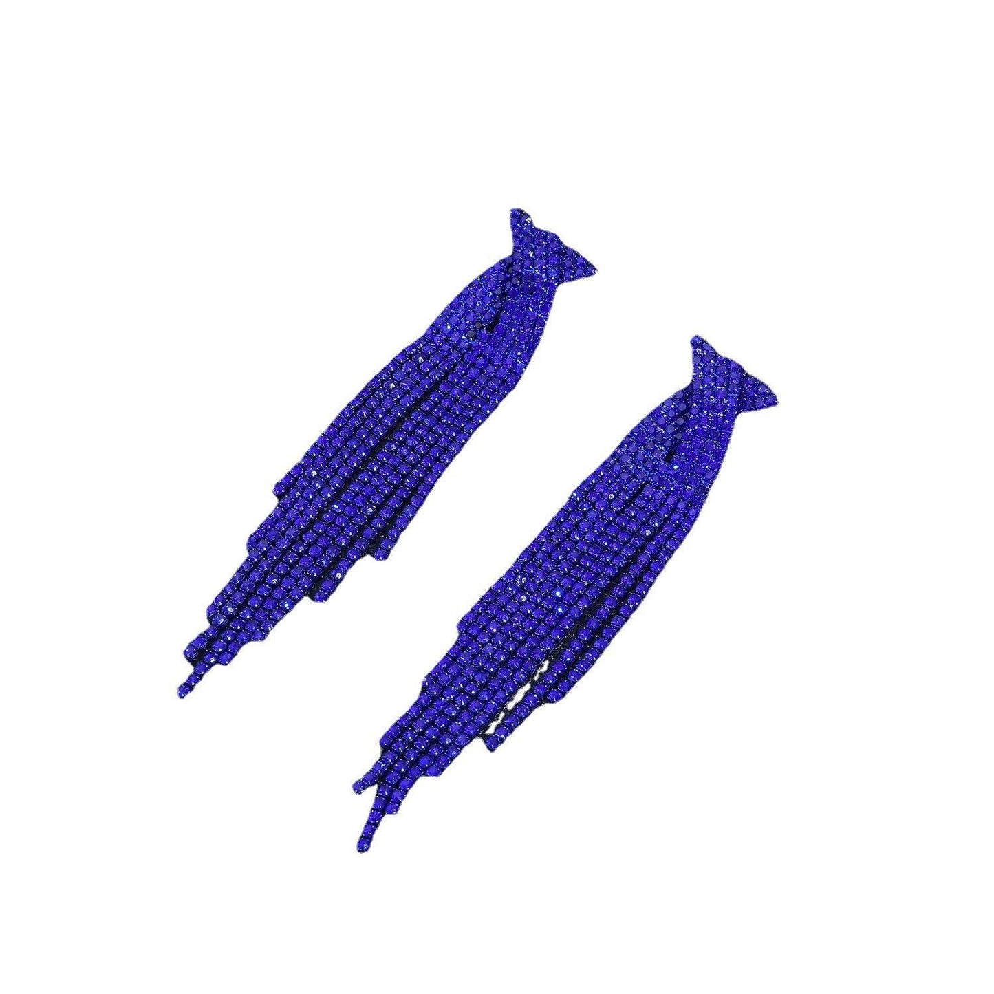 欧美时尚重工款满钻半圆蓝流苏水钻长耳线耳坠气质耳环交叉水钻耳