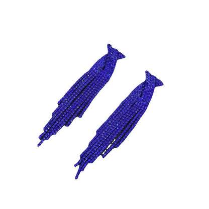 欧美时尚重工款满钻半圆蓝流苏水钻长耳线耳坠气质耳环交叉水钻耳