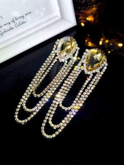 町卡饰品气质奢华闪亮水钻长款耳环女时尚渐变彩色流苏大耳环耳饰