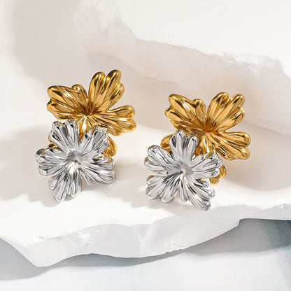 麦芽不锈钢花朵小雏菊金银拼色耳钉耳环开口戒指指环小众设计耳饰