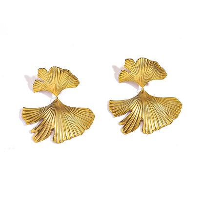 麦芽欧美不锈钢钛钢银杏叶树叶耳环耳钉高级感轻奢个性耳坠耳饰品