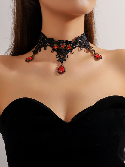 欧美跨境 复古黑色蕾丝玫瑰花项链手链戒指套装女 暗黑风颈链手饰