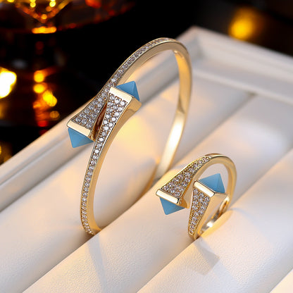 Light Luxury Niche Design Zircon Bracelet & Ring Set, Vintage Jewelry Set