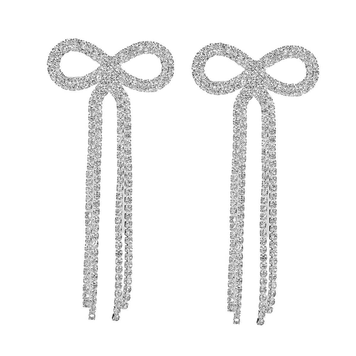全铜 百搭蝴蝶结长款流苏耳环 时尚闪亮水钻耳钉无耳洞耳夹款