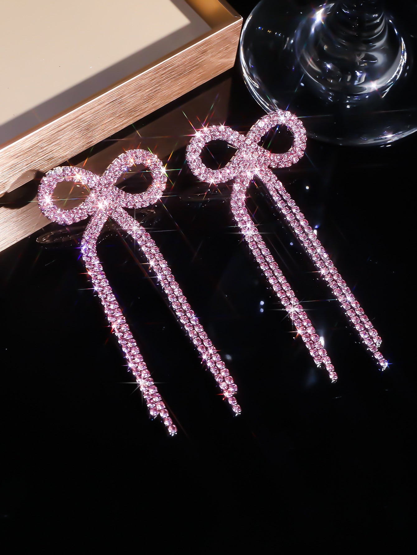 全铜 百搭蝴蝶结长款流苏耳环 时尚闪亮水钻耳钉无耳洞耳夹款