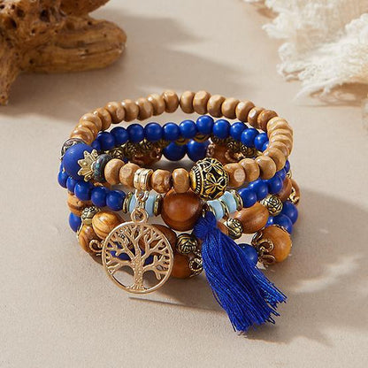 Bohemian Style Beaded Bracelet, Tassel Tree of Life Fashion Pendant, Wooden Bead Elastic Multilayer Bracelet