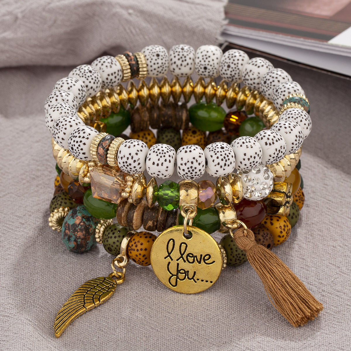 Boho Multi-Layer Stackable Beaded Stretch Bracelet, Bohemian Wrap Bracelet with Tassel & "I Love You" Charm