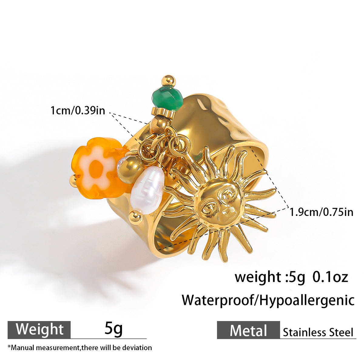 麦芽欧美不锈钢度假风开口戒指海螺海星贝壳珍珠花樱桃指环手饰品