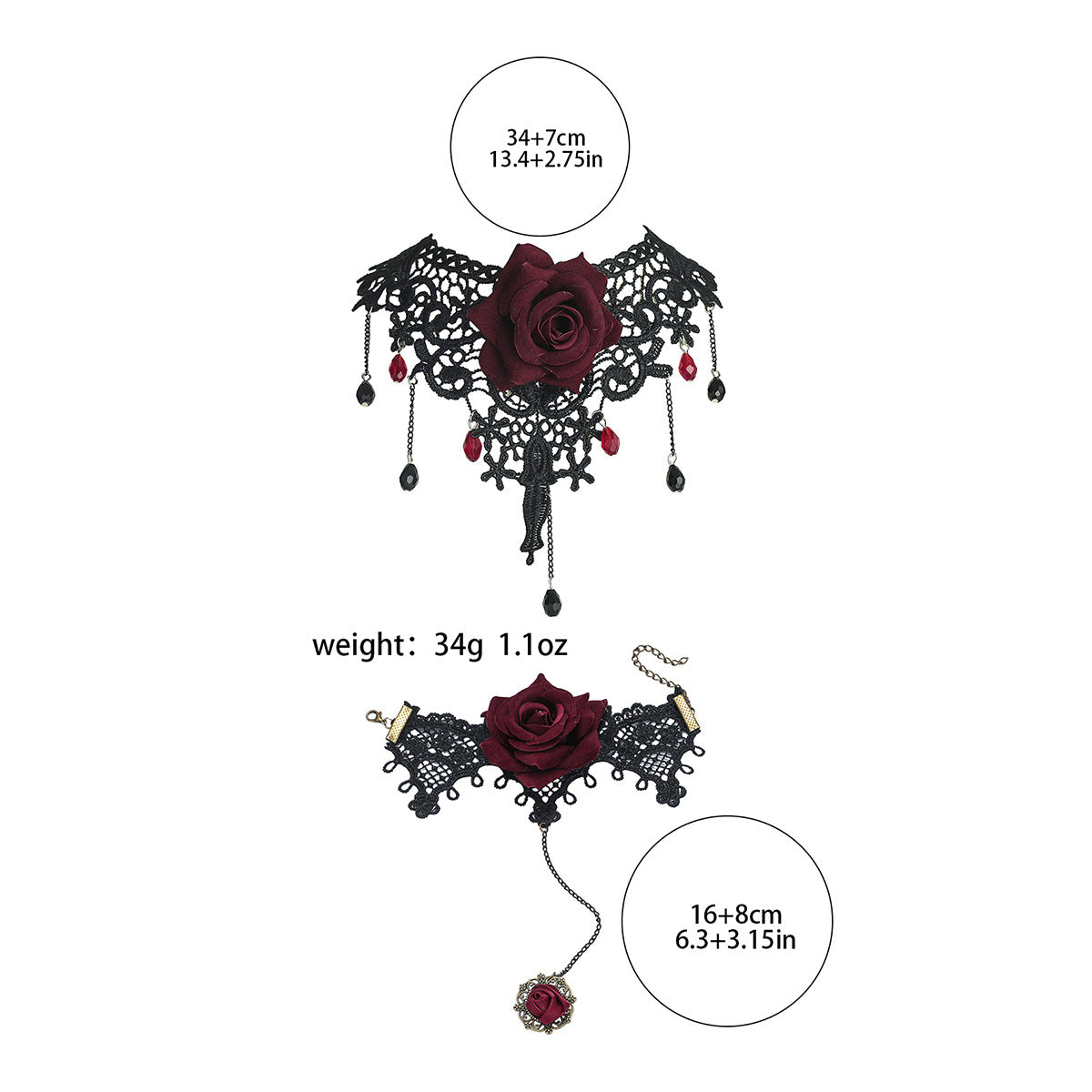 欧美跨境 复古黑色蕾丝玫瑰花项链手链戒指套装女 暗黑风颈链手饰