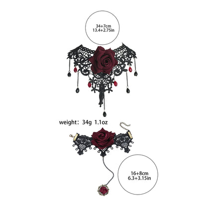 欧美跨境 复古黑色蕾丝玫瑰花项链手链戒指套装女 暗黑风颈链手饰