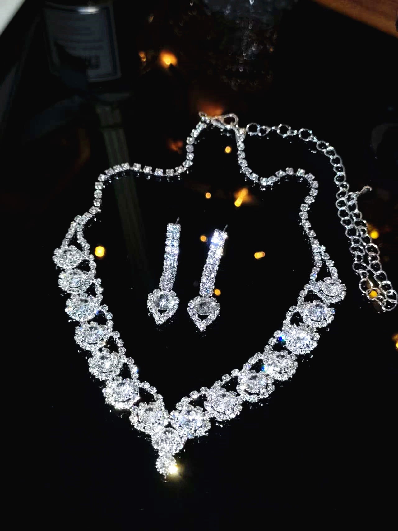 亚马逊爆款奢华新娘项链耳环两件套婚礼配饰气质锆石花朵首饰套装